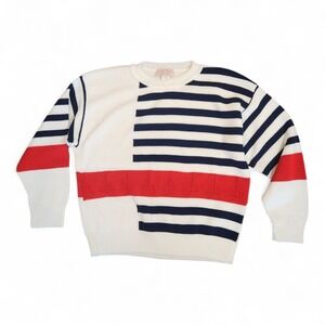 VNTG 80s Classic Directions Nautical Sailing Sweater | Red White & Blue Striped